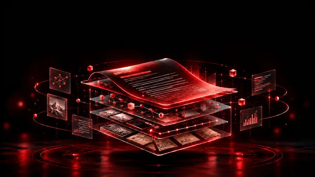 A luminous red document with a curled upper sheet, transparent layers, connected panels and orbiting points of light.